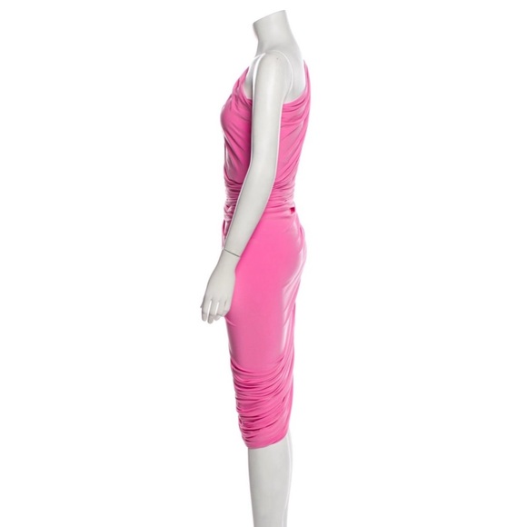 Norma Kamali XS/34 One-Shoulder Pink Ruched Stretchy Bodycon Dress - Picture 2 of 7